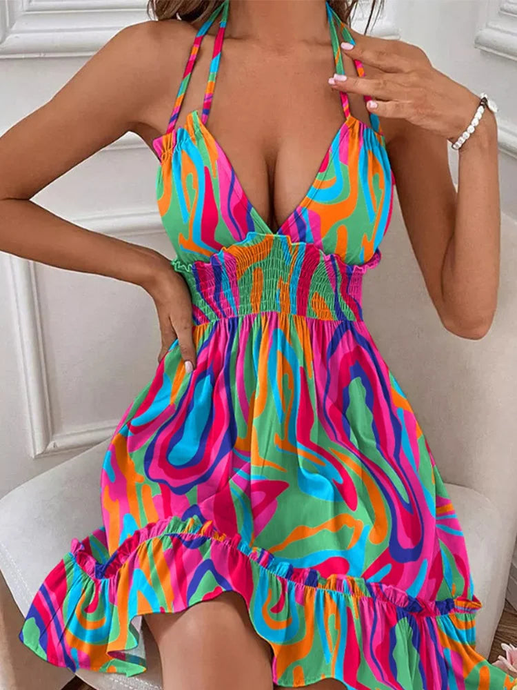 Summer Deep V Backless Dress Women Sexy Sleeveless A-Line Mini Dresses