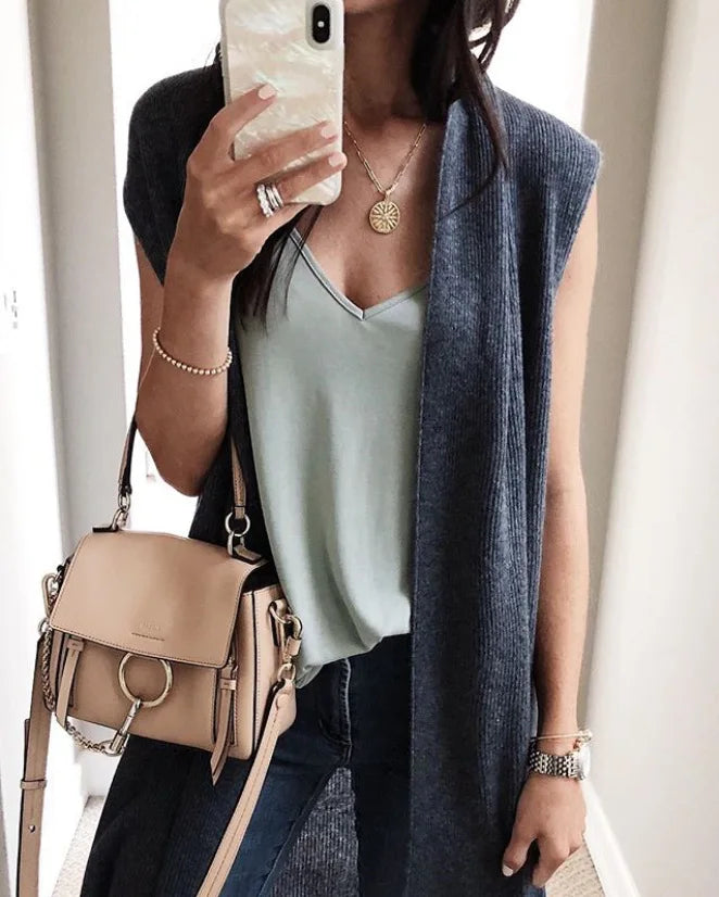 Woman Sleeveless Long Knit Cardigan Open Front Relaxed Fit Multi Color Options for Casual Chic Layering Looks Daily Wear