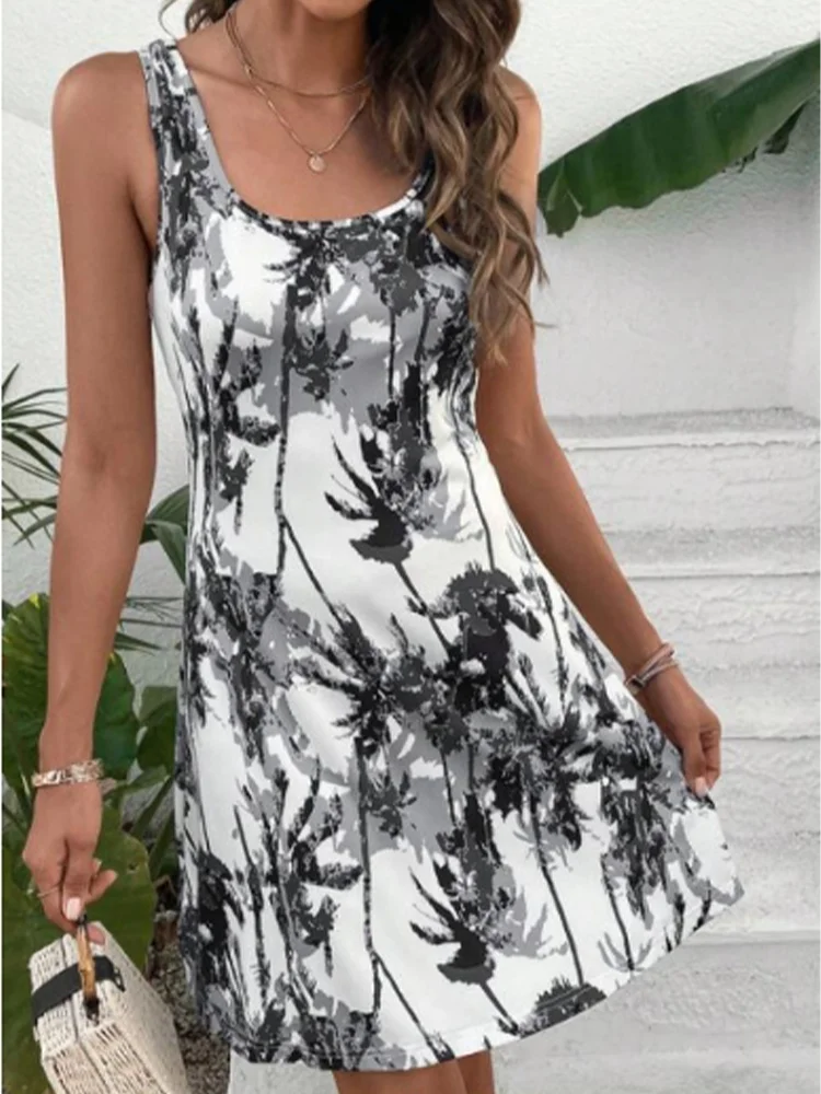 Floral Print Short Sleeved Sleeveless U-neck Sexy Women's Dress High Street Fashion Elegant Commuting Style Summer Dress