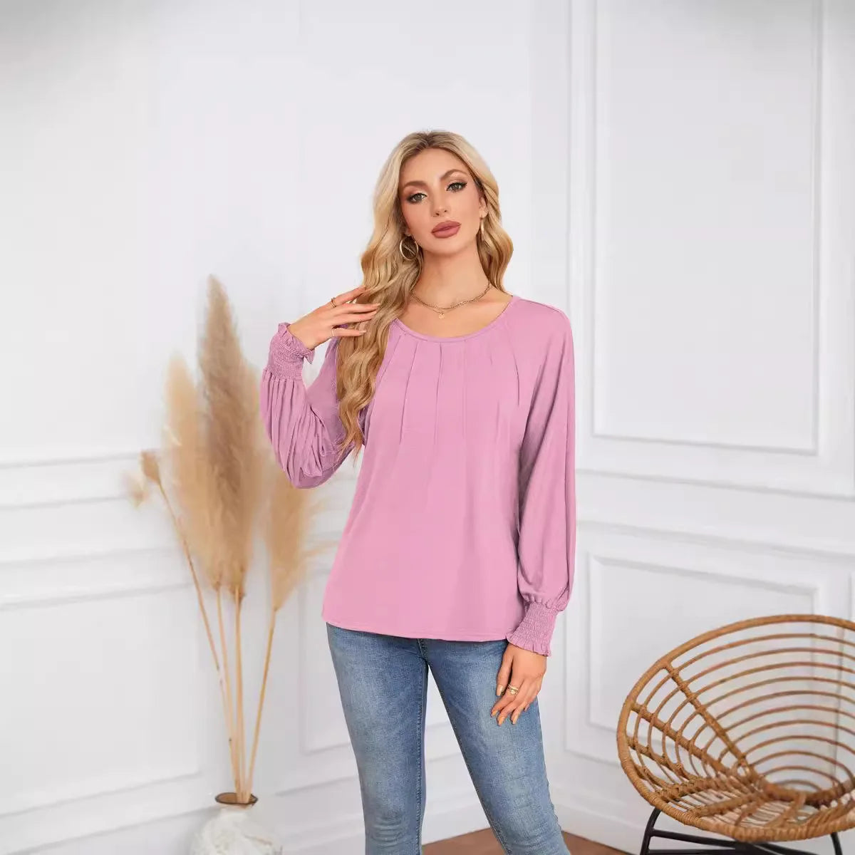 Woman Clothes Solid Color Pleated Top Round Neck Lantern Sleeves Loose Fit Multi Color Options Casual Outings Daily Wear