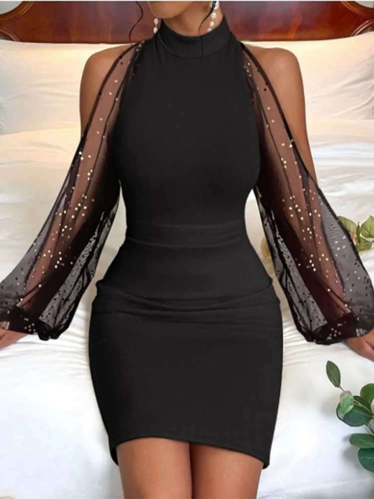 Round Neck Lace Lantern Long Sleeved Sequin Sexy Women's Hip Hugging Skirt Date Party Fashionable Slim Autumn Dress