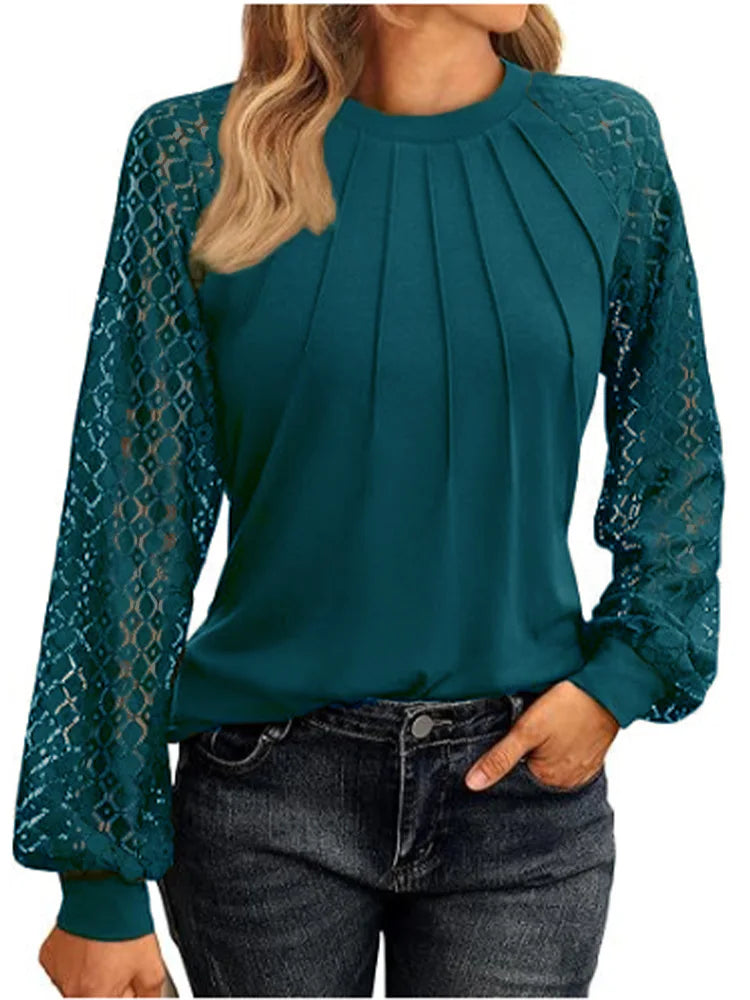Elegant Lace Pleated Solid Color Shirts Women's Round Neck Lantern Long Sleeved Blouse Autumn Daily Casual Top