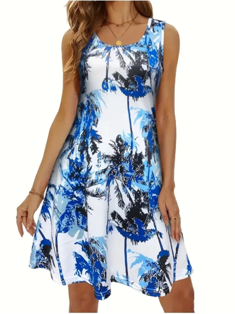 Floral Print Short Sleeved Sleeveless U-neck Sexy Women's Dress High Street Fashion Elegant Commuting Style Summer Dress