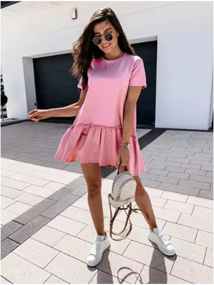 Fashion Ruffled Short Sleeve Dress Women Solid Color Round Neck Mini Dresses Summer Y2K Dress