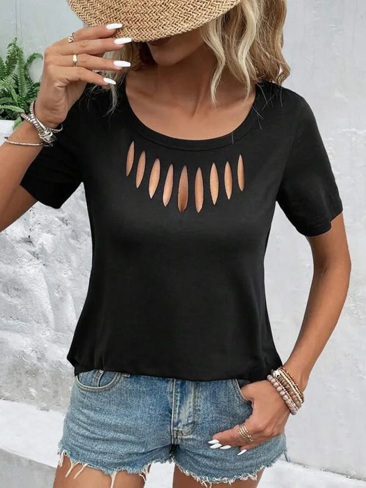 Minimalist Black T-shirt Women's Round Neck Hollow Short Sleeve Summer Sexy Casual Tee