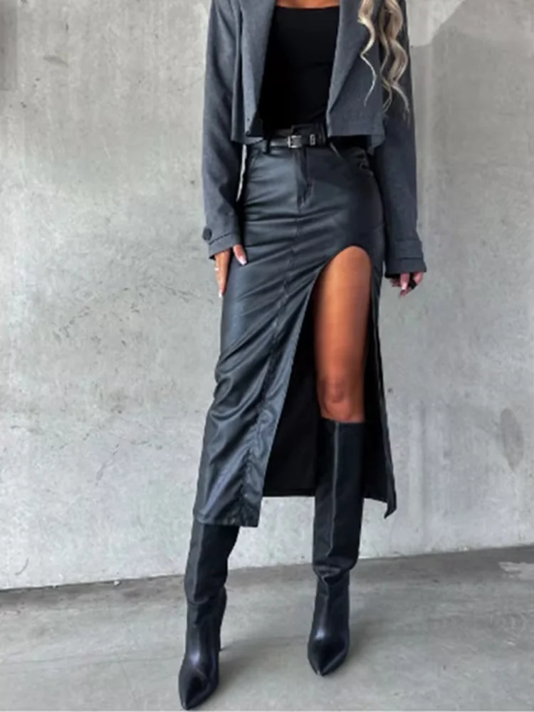 Women's Mid Pu Leather skirt solid Color slit sexy Hip Hugging skirt High Street Party Fashion Punk Style Autumn Skirt