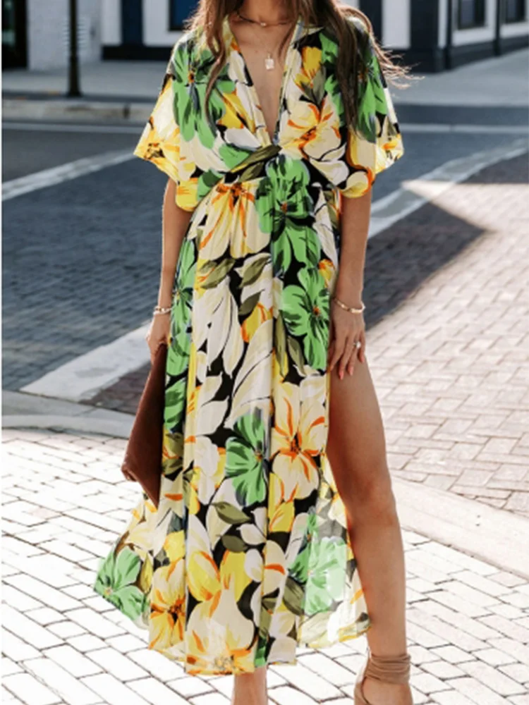 Floral Print Short Sleeved High Waisted V-neck Women's Dress Vacation Dating Elegant Commuting Style Summer Dresses