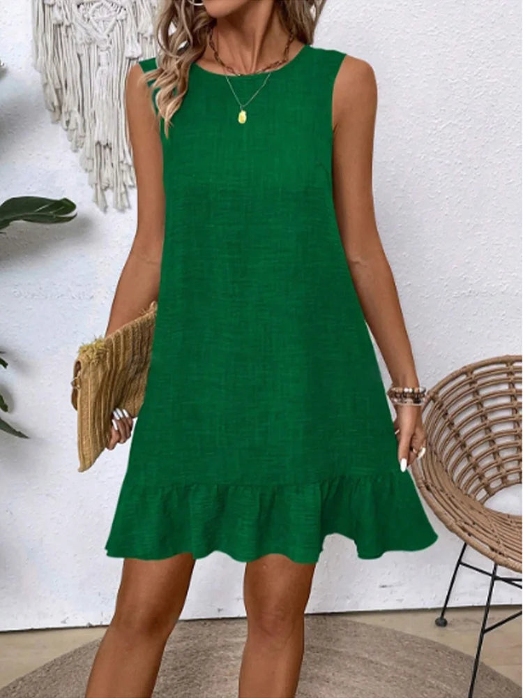 Solid Color Round Neck Short Sleeved Sleeveless Lace Up Pleated Women's Dress Loose Casual Daily Commuting Style Summer Dress