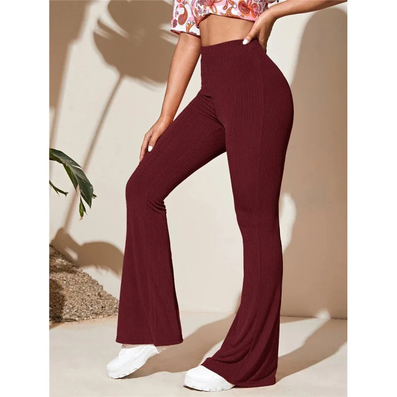 5-Solid Color Tight Flared Pants Women Elastic Long Pants Spring Autumn Y2K Bell-Bottoms Trousers