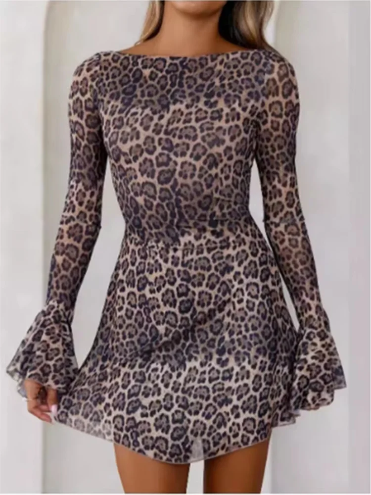 Sexy Backless Long Sleeved Leopard Printed Dress Women's Nightclub Party Dress Birthday Mini Dresses