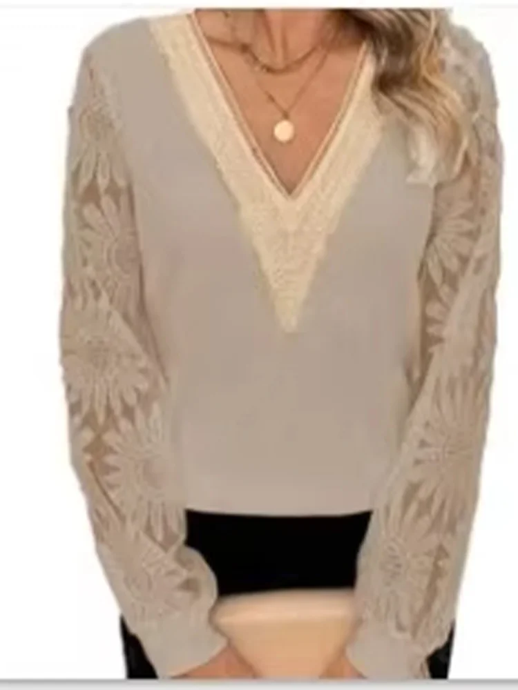 Stylish Lace Hollowed Out Patchwork Shirt Women V-Neck Long Sleeve Spring Autumn Solid Color Blouse Top