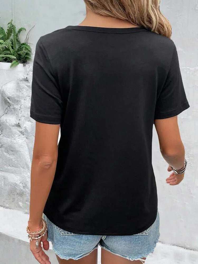 Minimalist Black T-shirt Women's Round Neck Hollow Short Sleeve Summer Sexy Casual Tee