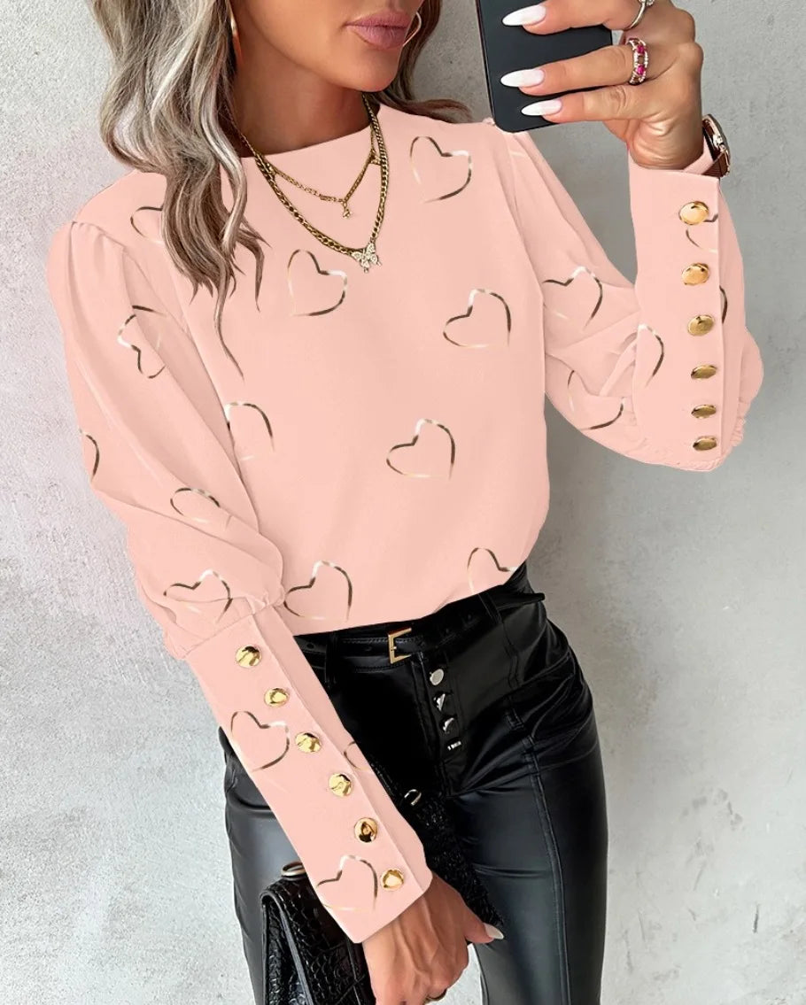 Fashion Long Sleeved Button Printed Blouse T Shirt Women's Spring Autumn Simple Pullover Top