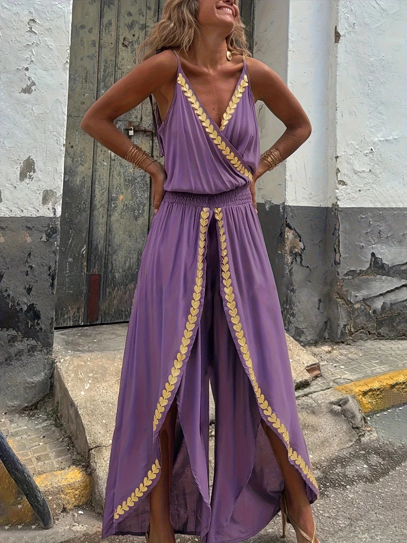 Women's Purple Jumpsuit Trimmed Wrap V-Neck High Waist Split Legs Ideal for Beach Vacations Evening Strolls Bohemian Styles