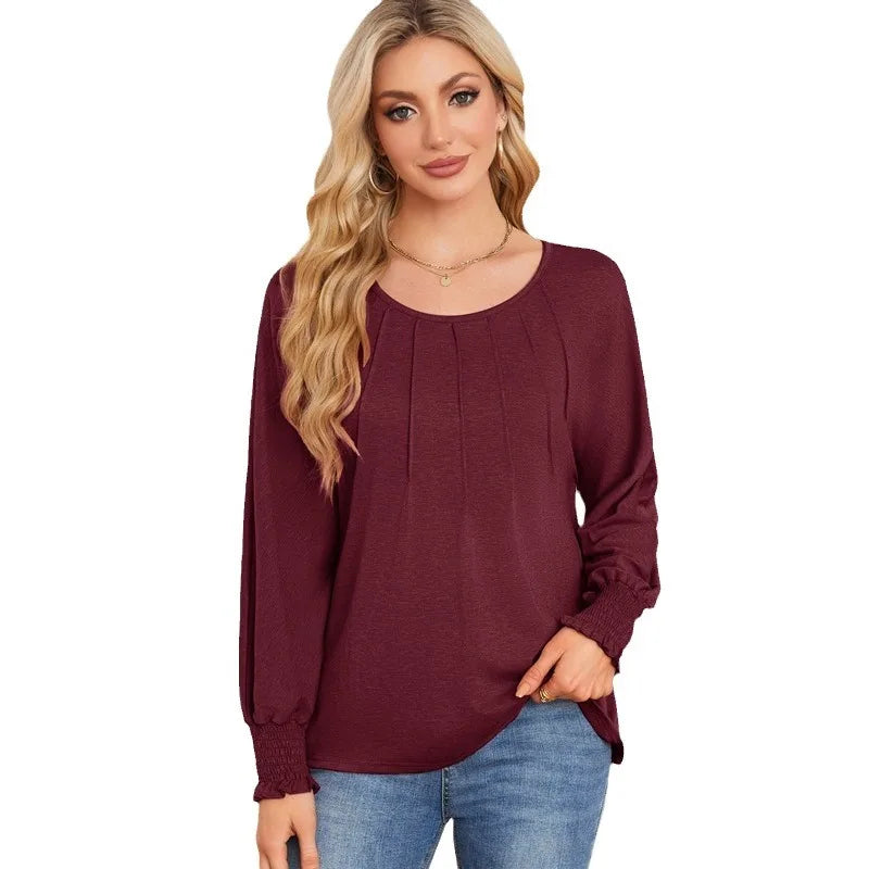 Woman Clothes Solid Color Pleated Top Round Neck Lantern Sleeves Loose Fit Multi Color Options Casual Outings Daily Wear