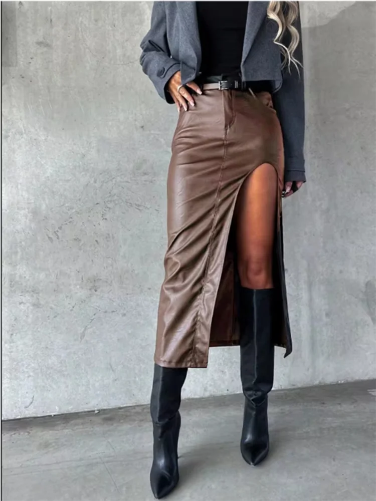 Women's Mid Pu Leather skirt solid Color slit sexy Hip Hugging skirt High Street Party Fashion Punk Style Autumn Skirt