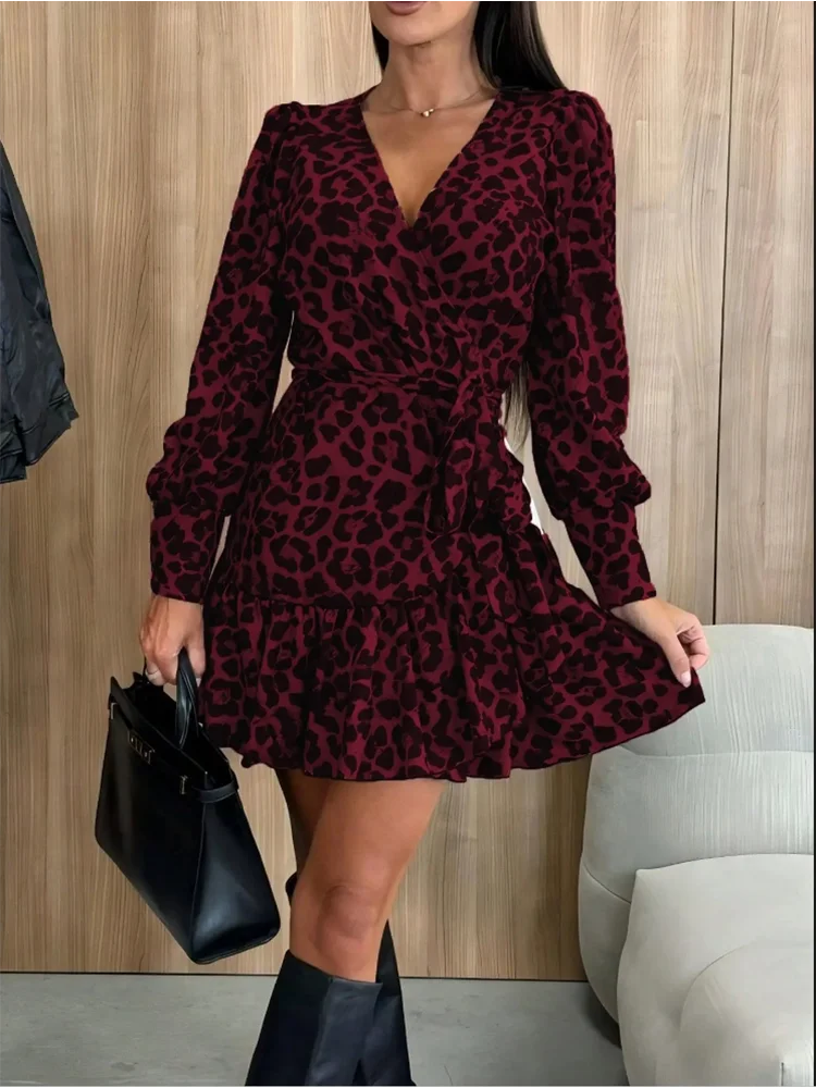 V-neck Lace Up Bubble Long Sleeved Leopard Print Women's Sexy Dress Elegant Dating Fashion Versatile Autumn Dress
