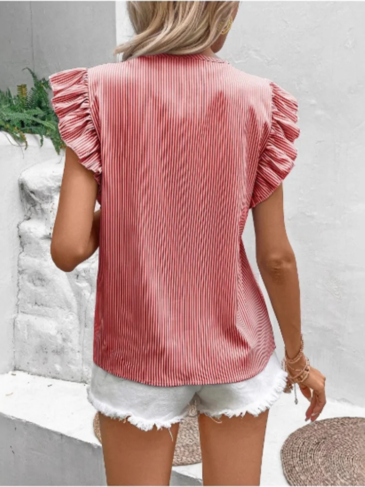 Striped V-neck Lotus Leaf Short Sleeved Lace Button Up Women's T-shirt Loose Casual Fresh Sweet Style Summer Top