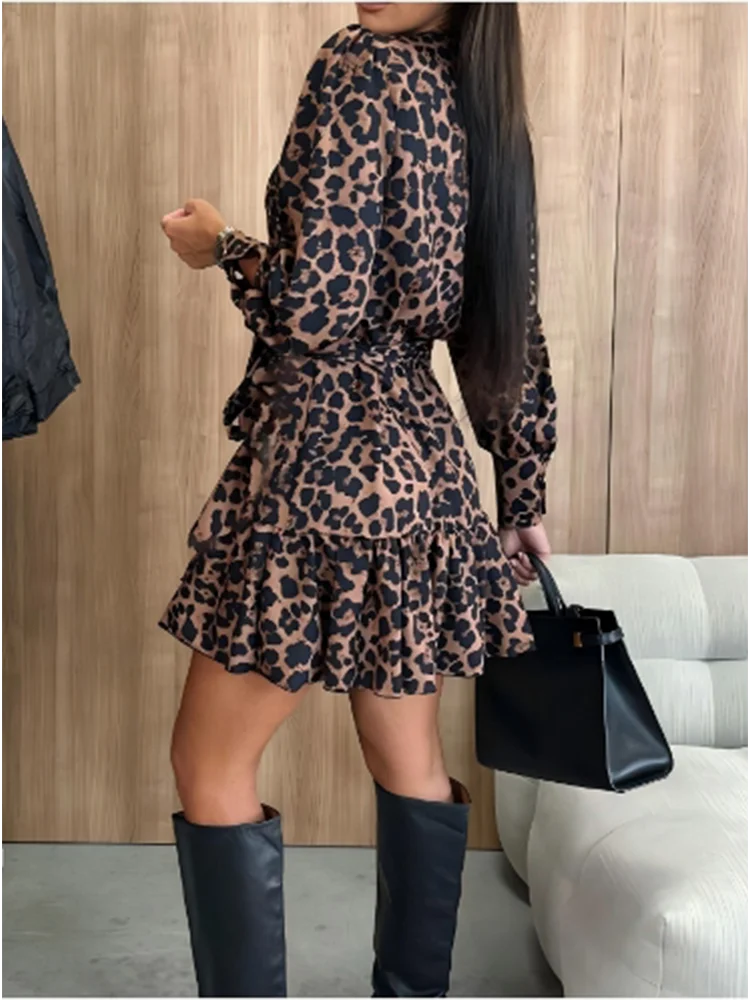 V-neck Lace Up Bubble Long Sleeved Leopard Print Women's Sexy Dress Elegant Dating Fashion Versatile Autumn Dress