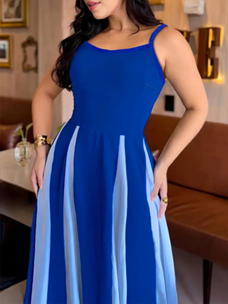 Women's Blue White Color Block Dress Spaghetti Straps A-Line Skirt Ideal for Summer Parties Date Nights Elegant Styles