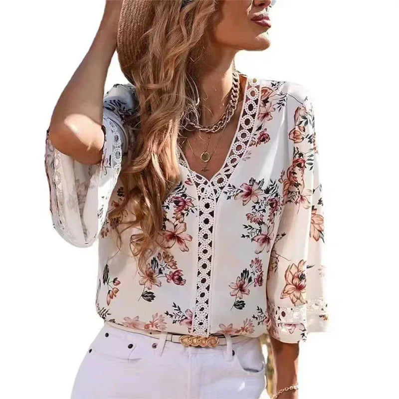 Boho Floral V Neck Top Half Sleeves Lace Details Multi Color Options for Beach Days Music Festivals Trendy Outfits