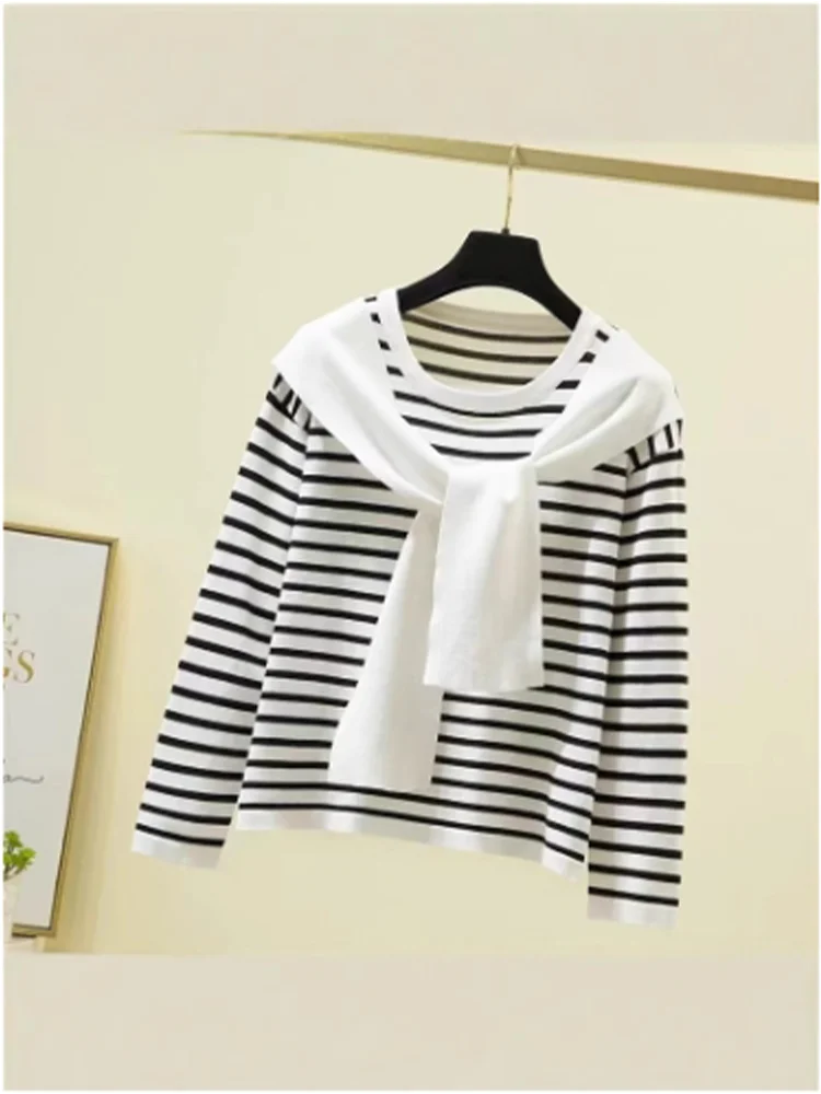 2 In 1 Striped Long Sleeved Navy Collar Autumn Sweater High Street Fashion Casual Comfortable Women's Top
