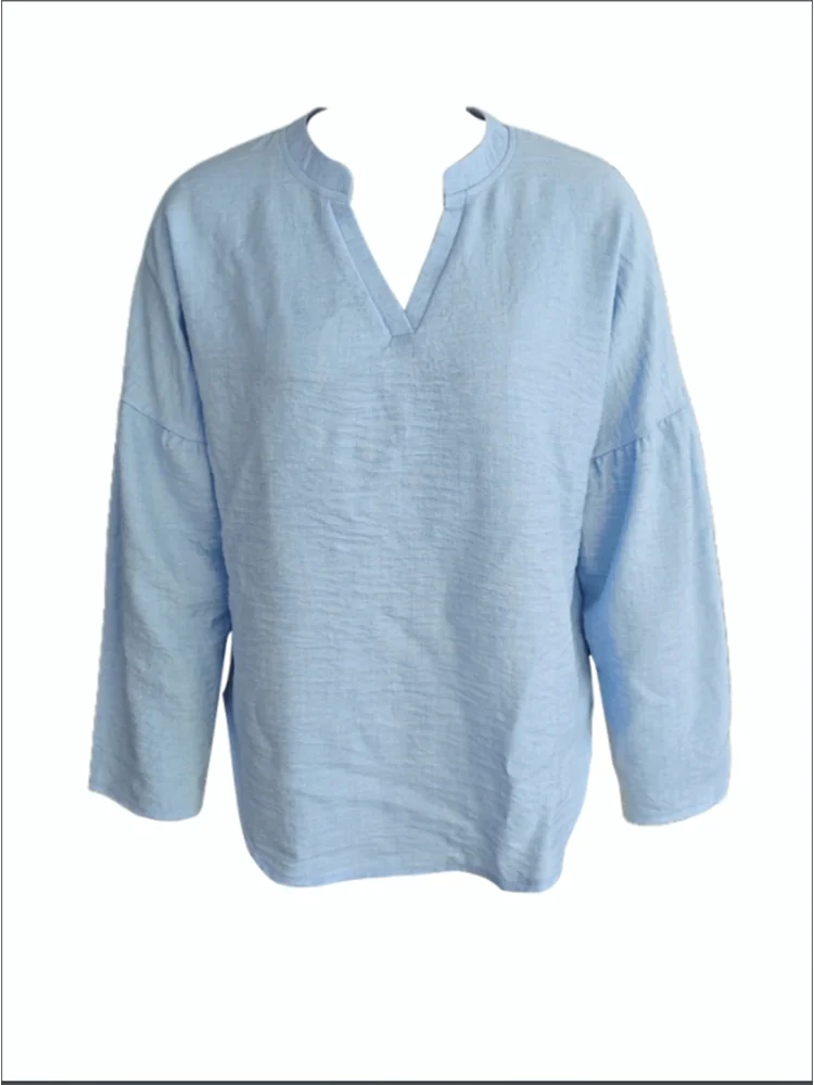 Women's Casual Loose Long Sleeve V-Neck T-Shirt Autumn Fashion Elegant Blue Top Office Lady Work Clothes