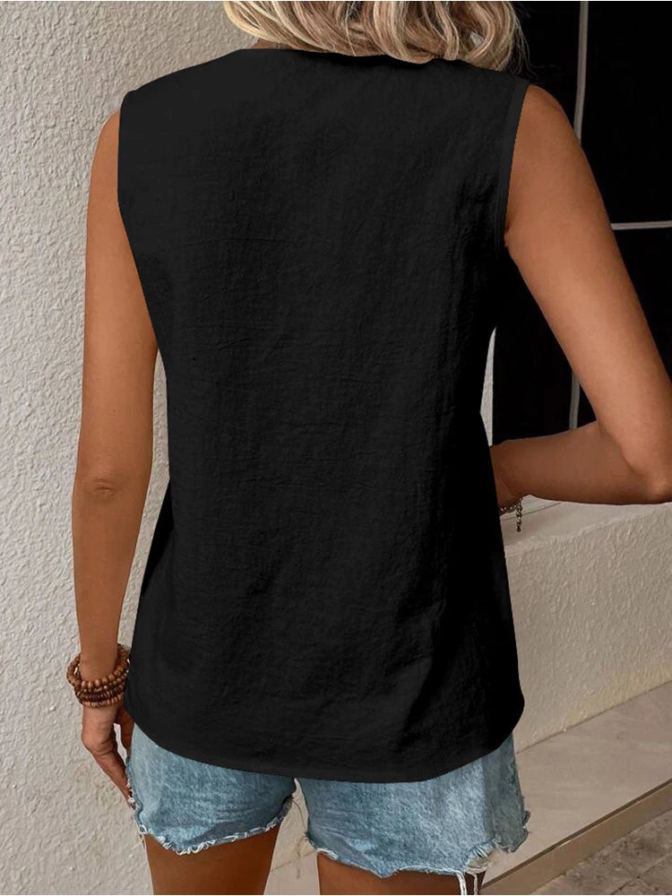 Women's Sleeveless Top with Crochet Trim V-Neck Linen-like Fabric Ideal for Summer Casual Outfits Beach Vacations Daily Wear