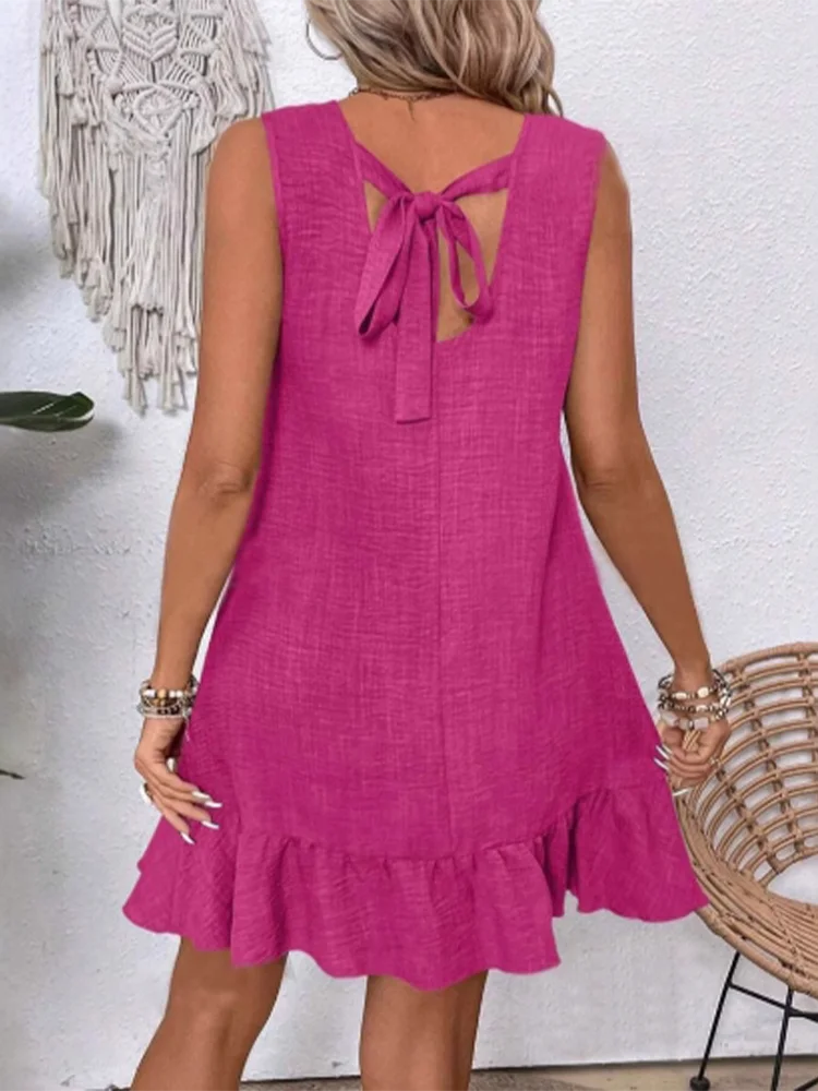 Solid Color Round Neck Short Sleeved Sleeveless Lace Up Pleated Women's Dress Loose Casual Daily Commuting Style Summer Dress