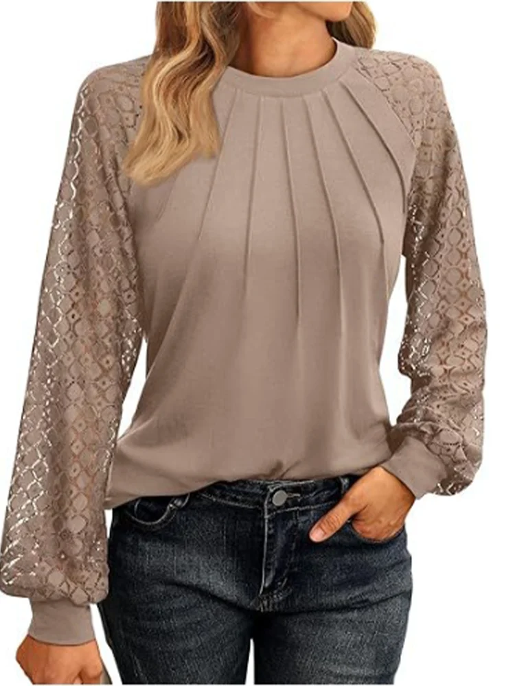 Elegant Lace Pleated Solid Color Shirts Women's Round Neck Lantern Long Sleeved Blouse Autumn Daily Casual Top