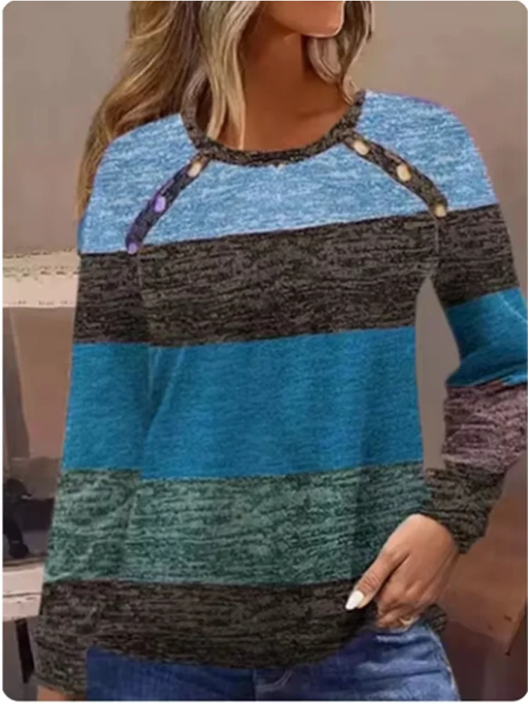 Women's Round Neck Elegant Long Sleeved T-shirt Fashion Color Blocked Button Pullover High Street Simple Autumn Top