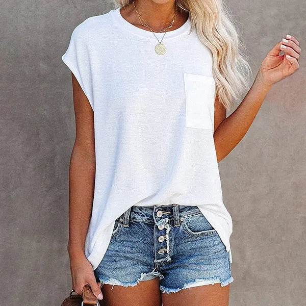 Casual Off Shoulder O Neck Short Sleeve Top Women's Solid Elastic Adjustable Pocket Size T-Shirt Summer All Match Clothing
