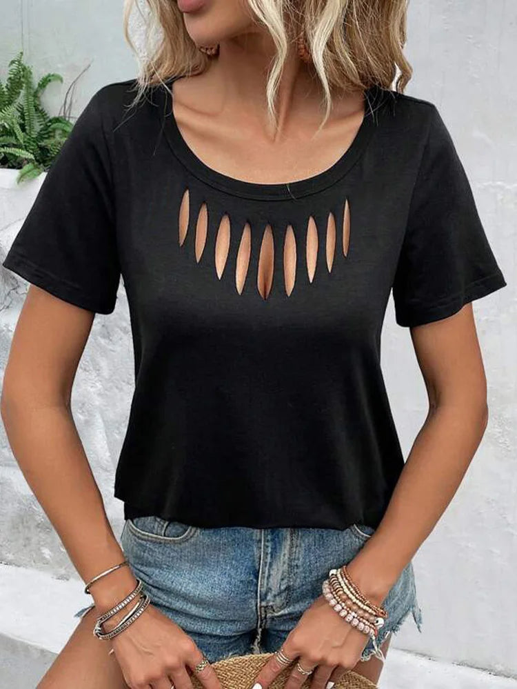 Minimalist Black T-shirt Women's Round Neck Hollow Short Sleeve Summer Sexy Casual Tee