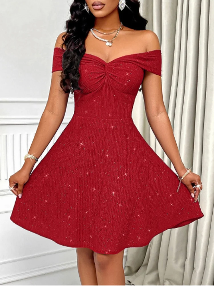 Pleated Sequin Short Sleeved Solid Color Off Shoulder Sexy Women's Dress Dating Versatile Fashionable Elegant Summer Dress