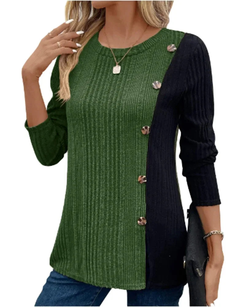4 Color Blocked Round Neck Long Sleeved Button Fashion T-shirt Women's Casual Comfortable Autumn knited Top