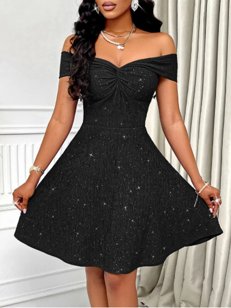Pleated Sequin Short Sleeved Solid Color Off Shoulder Sexy Women's Dress Dating Versatile Fashionable Elegant Summer Dress