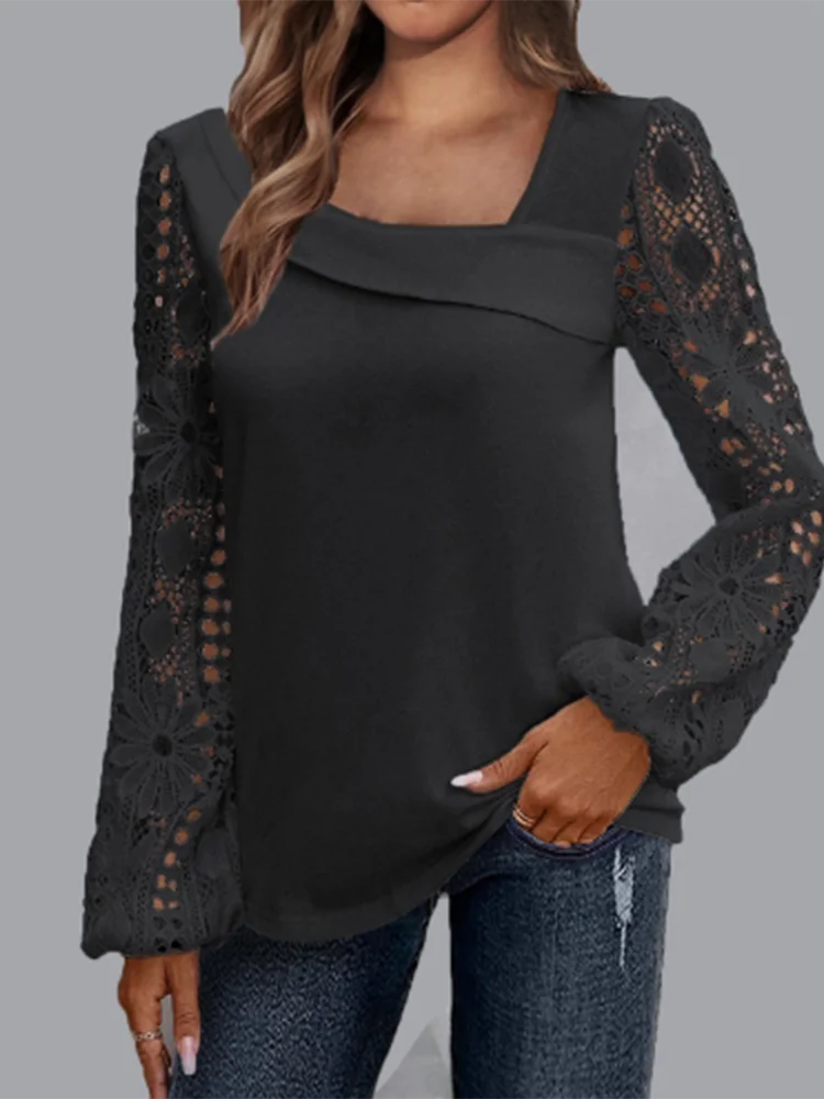 Solid Color Diagonal Collar Long Sleeved Lace Printed Women's Shirt Street Fashion Elegant Commuting Style Spring Top