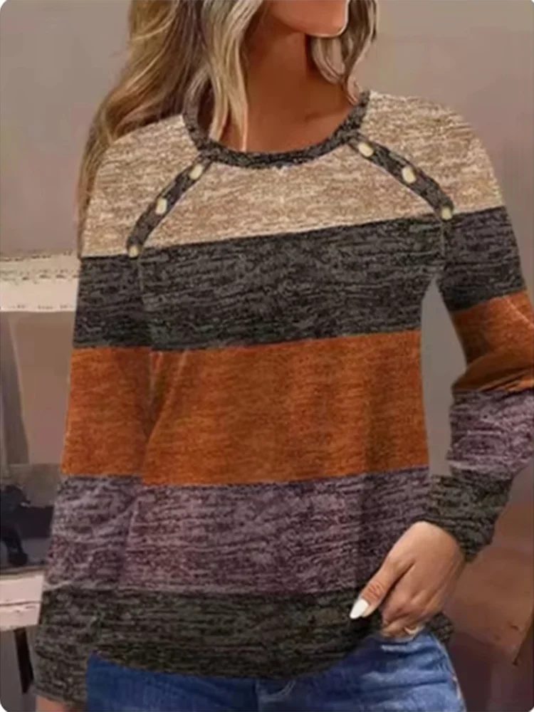 Women's Round Neck Elegant Long Sleeved T-shirt Fashion Color Blocked Button Pullover High Street Simple Autumn Top