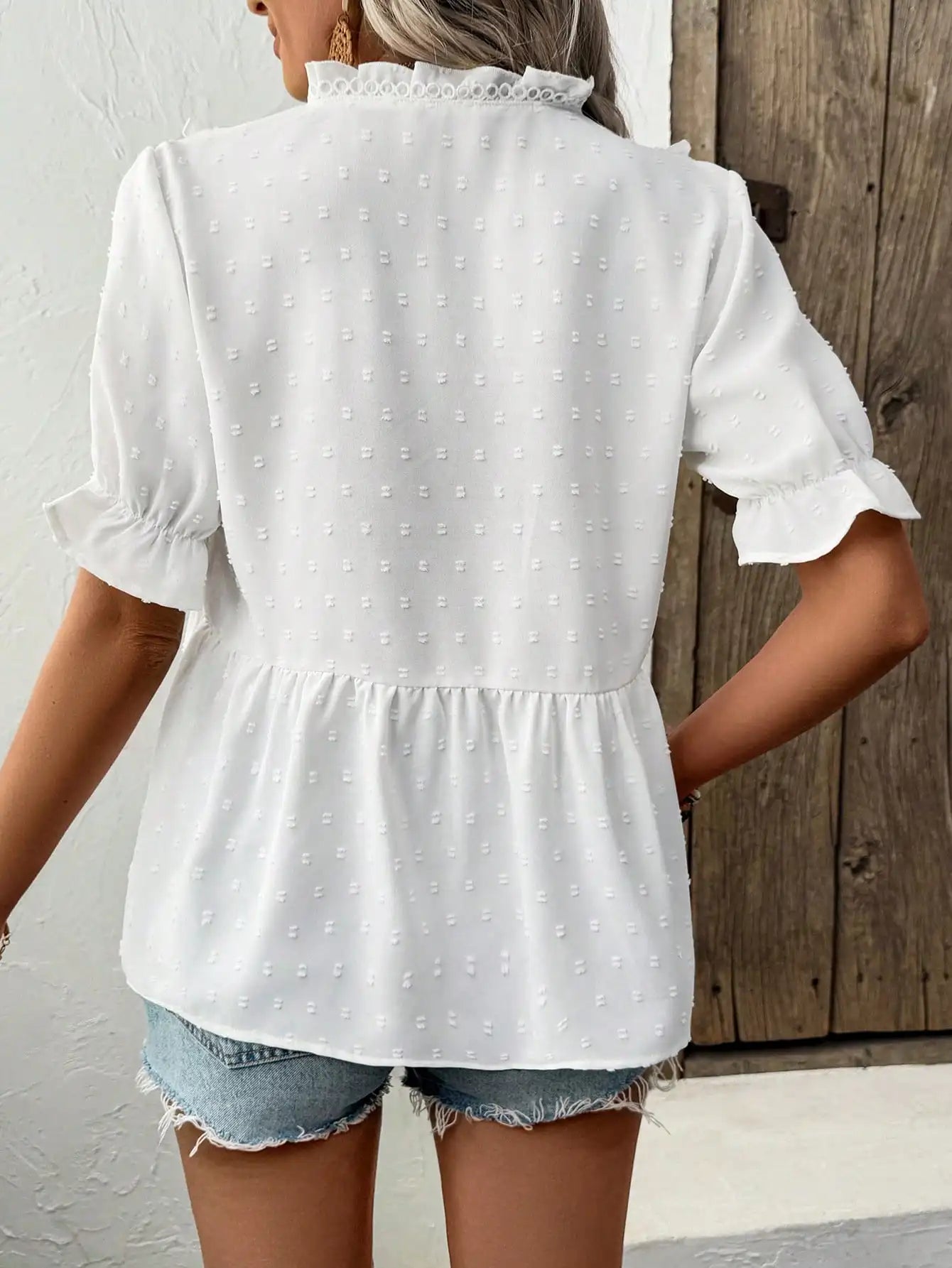 Women's White Swiss Dot Blouse Ruffled V-Neck Peplum Hem Ideal for Summer Days Casual Outings Bohemian Styles