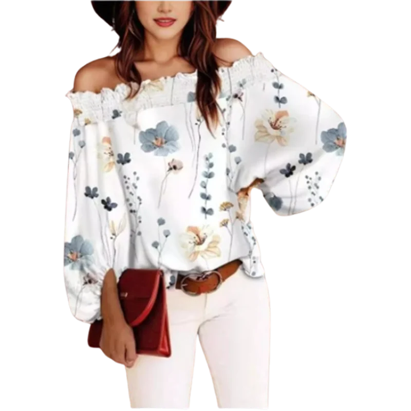 Sexy Long Sleeve Off Shoulder Top Women's White Floral Printed T-Shirt Autumn Trendy Bohemian Top