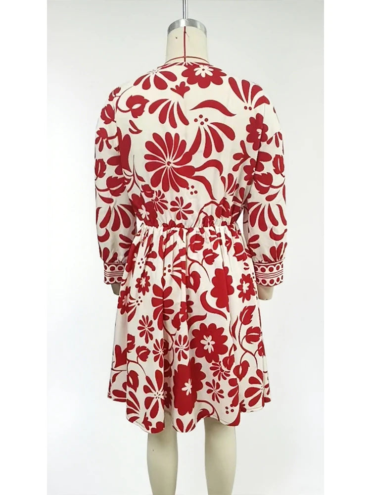 Women's Red and White Floral Print Dress Deep V-neck, Drawstring Waist Ruffled Hem Ideal for Beach Parties Bohemian style Outing