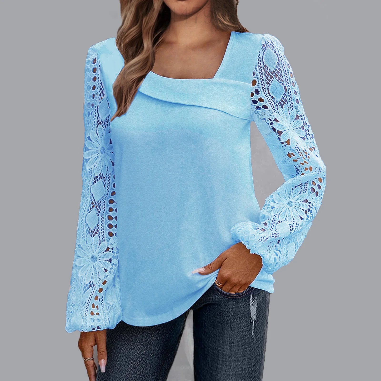 Solid Color Diagonal Collar Long Sleeved Lace Printed Women's Shirt Street Fashion Elegant Commuting Style Spring Top