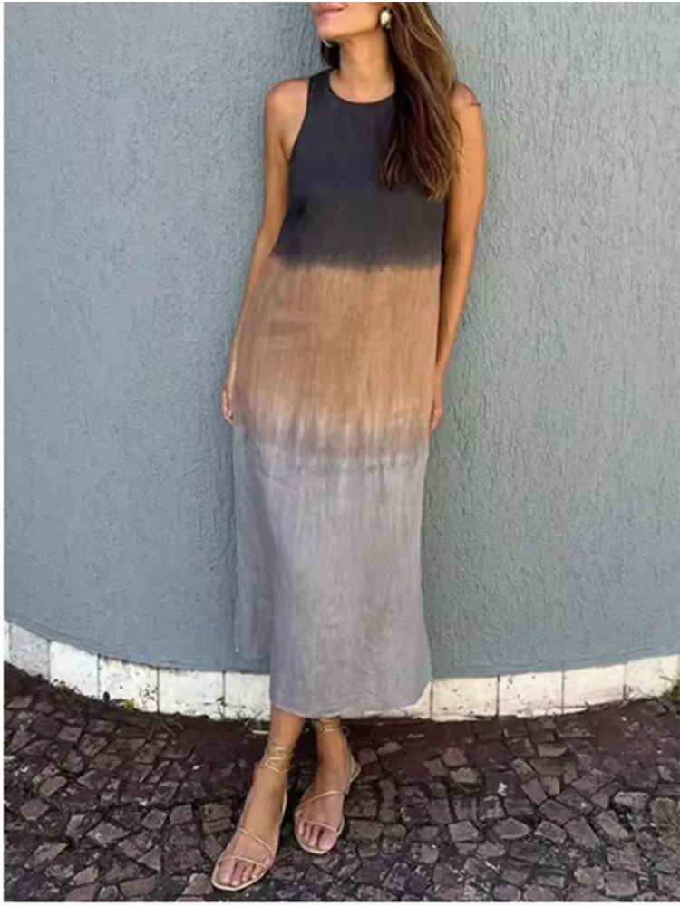 Fashion Vest Long Dress Women Summer Sleeveless o Neck Dress Summer Gradient Casual Dresses