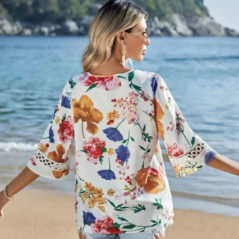 Boho Floral V Neck Top Half Sleeves Lace Details Multi Color Options for Beach Days Music Festivals Trendy Outfits