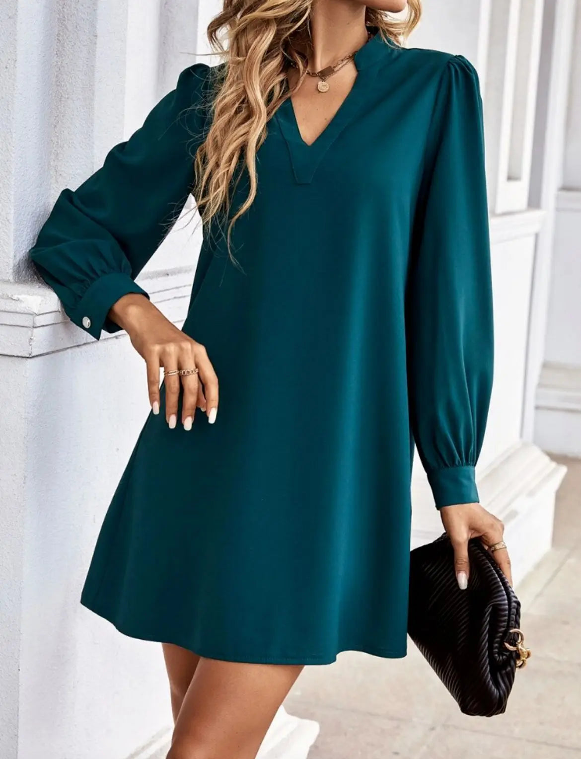 Office Lady Shirt Style Dresses Women's V-neck Long Sleeved Mini Dress Spring Autumn Solid Color Work Clothes