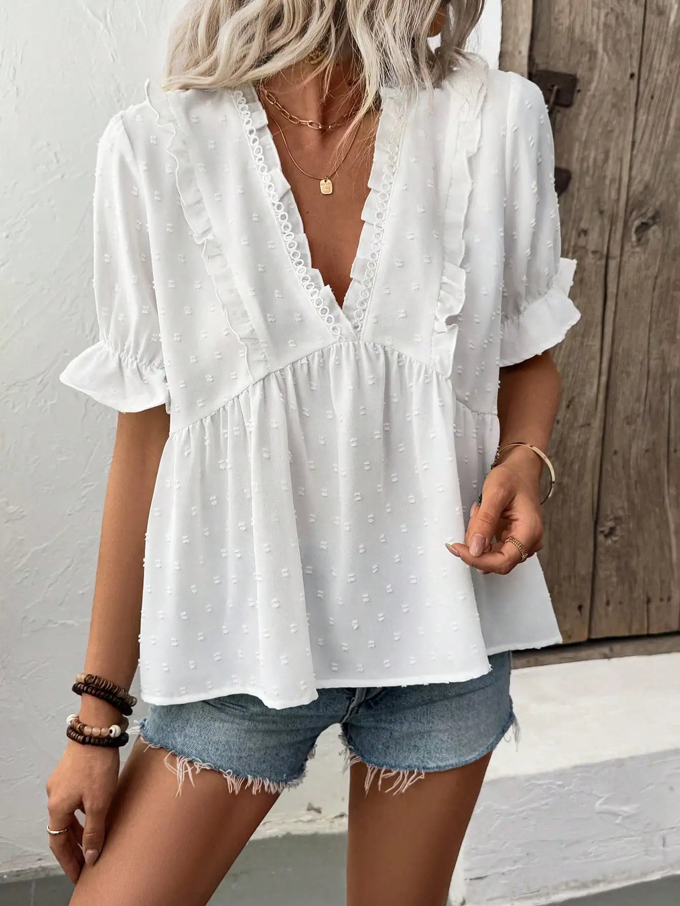Women's White Swiss Dot Blouse Ruffled V-Neck Peplum Hem Ideal for Summer Days Casual Outings Bohemian Styles