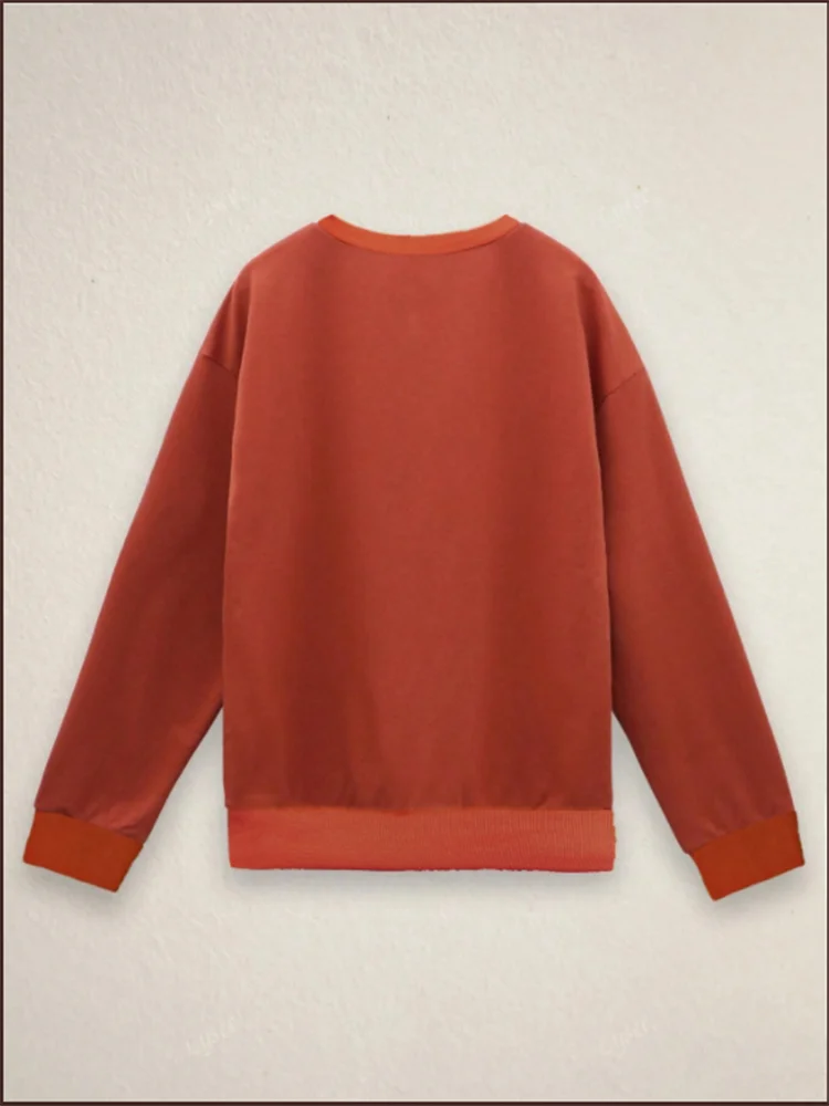 Geometric Print Long Sleeved Orange Round Neck Women's T-shirt Street Versatile Casual Comfortable Autumn Top