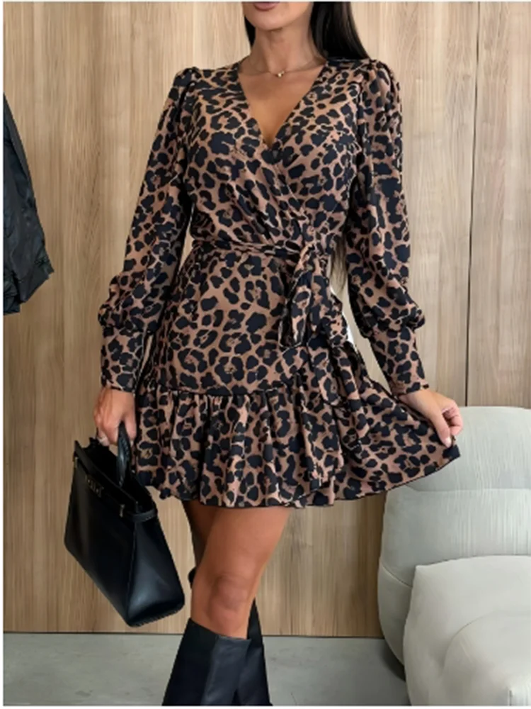 V-neck Lace Up Bubble Long Sleeved Leopard Print Women's Sexy Dress Elegant Dating Fashion Versatile Autumn Dress