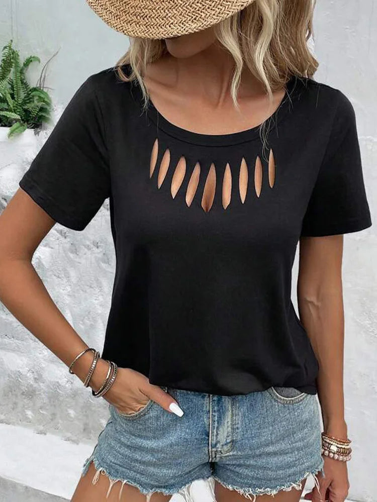 Minimalist Black T-shirt Women's Round Neck Hollow Short Sleeve Summer Sexy Casual Tee