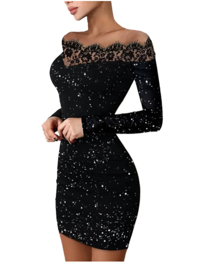 Sexy Lace Patchwork Off Shoulder Dress Women's Black Long Sleeved Mini Dress Fashion Party Evening Slim Dresses Clothes